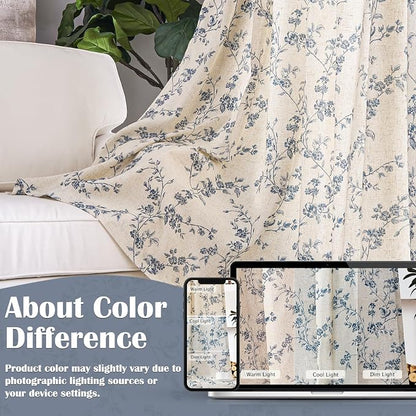Blue Vintage Floral Linen Curtains Farmhouse 38W X 90L 2 Panels | Elisa Series - Image 6
