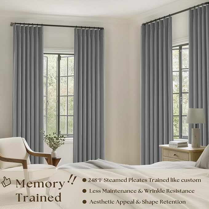Grey 63 Inch Blackout Pleated Linen Curtains - Image 2