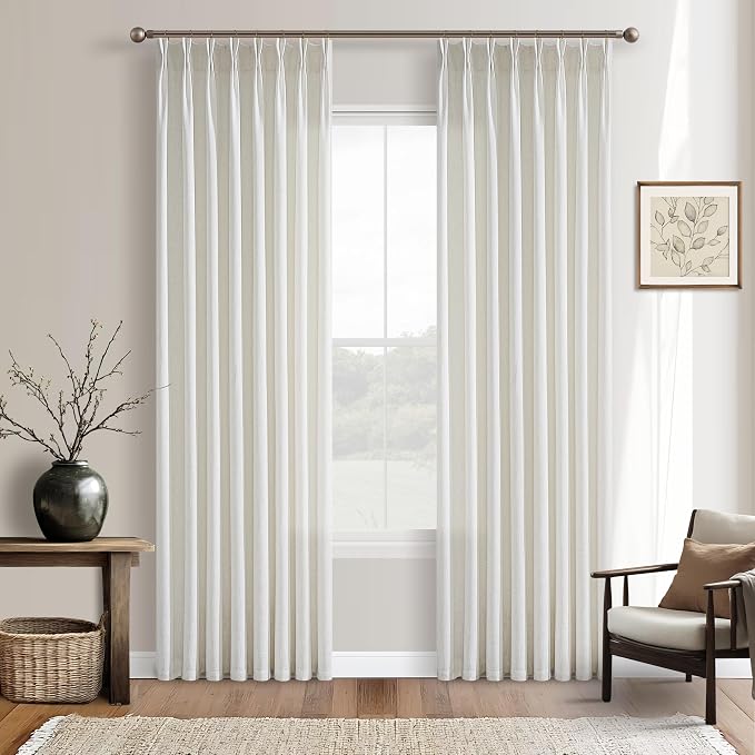 Pinch Pleated 80 Inch Semi Sheer Linen Blend Curtains Beige White W50xL80 | by Twodrapes