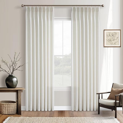 Pinch Pleated 80 Inch Semi Sheer Linen Blend Curtains Beige White W50xL80 | by Twodrapes