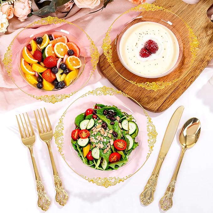 100PCS Clear Pink Plastic Bowls - 12 oz Pink Gold Disposable Salad Bowls - Heavy Duty Disposable Soup Bowl - Fancy Plastic Ice Cream Bowl for Weddings Parties Dinners Picnics