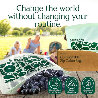 Cleanomic Compostable* Gallon Size Food Storage Bags (25 Eco Zip) Freezer and Leak Proof, Also Available Quart, Snack and Sandwich Bags