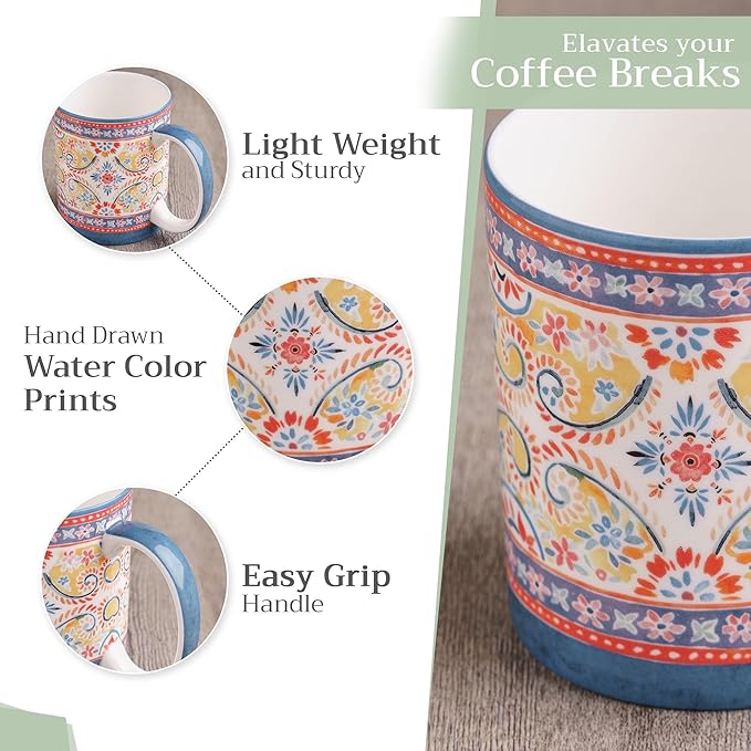 Maison d' Hermine Coffee Mug with Handles Fine Bone China Mugs Pack of Two Tea Cups for Hot Beverages Cappuccino Latte Home Restaurant Office Perfect for Gift (Indian Floral, 15 Ounce)