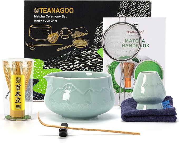 TEANAGOO 7 Pcs Matcha Whisk Set Blue, Ceramic Matcha Set, Matcha Kit for Ceremony, Matcha Tea Set for Making Breakfast/Latte, Tradition Whisk Set and Bowl with Scoop&Sifter, Gift for Friend/Family