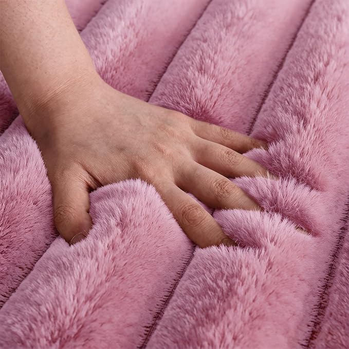 Dusty Rose Rabbit Striped Plush Rug 6'x9', Fluffy Shaggy Area Rug - Image 5