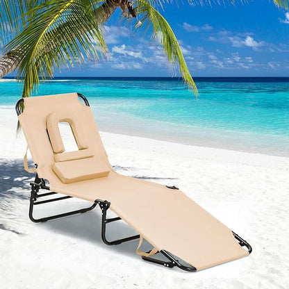Folding Beach Lounge Chair w/ 5 Adjutable Backrest & Padded Pillow, Sunbathing - Image 2