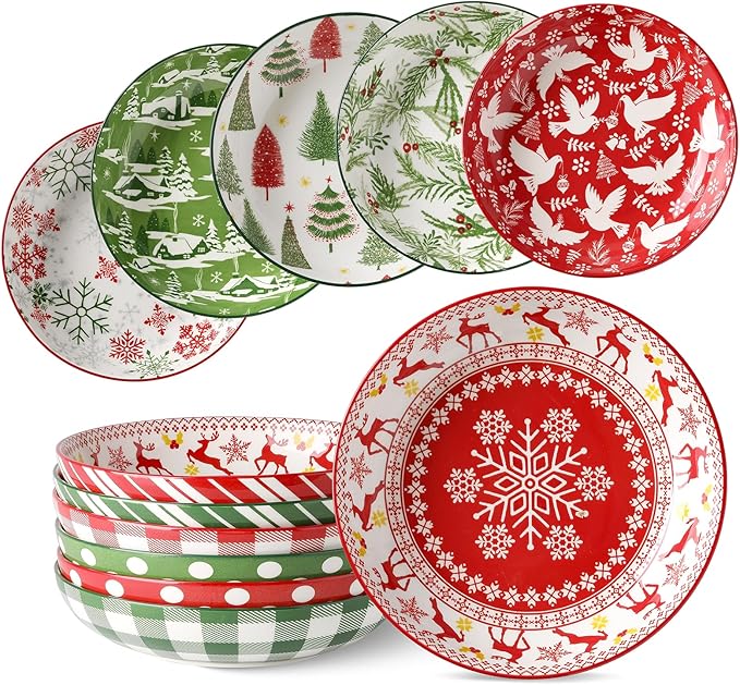 Christmas Pasta Bowl Set, 8 Inch Salad Serving Bowl, Wide and Shallow Bowl Plate for Kitchen, Dishwasher and Microwave Safe, Set of 6