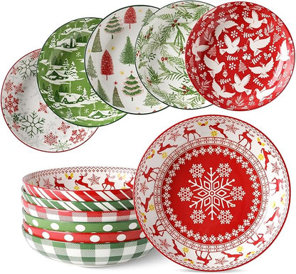 Christmas Pasta Bowl Set, 8 Inch Salad Serving Bowl, Wide and Shallow Bowl Plate for Kitchen, Dishwasher and Microwave Safe, Set of 6