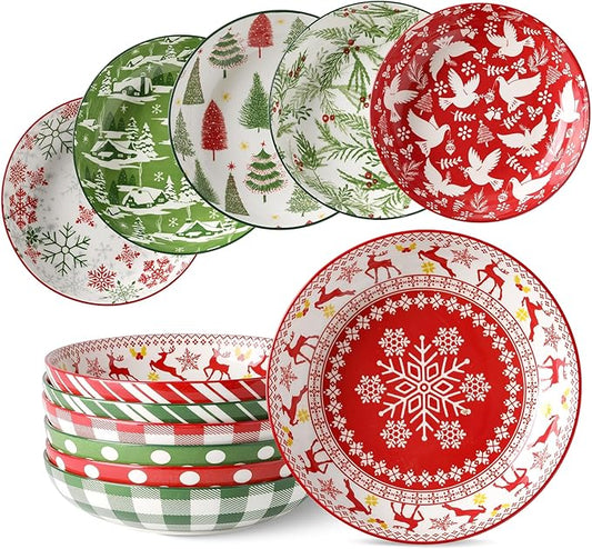 Christmas Pasta Bowl Set, 8 Inch Salad Serving Bowl, Wide and Shallow Bowl Plate for Kitchen, Dishwasher and Microwave Safe, Set of 6