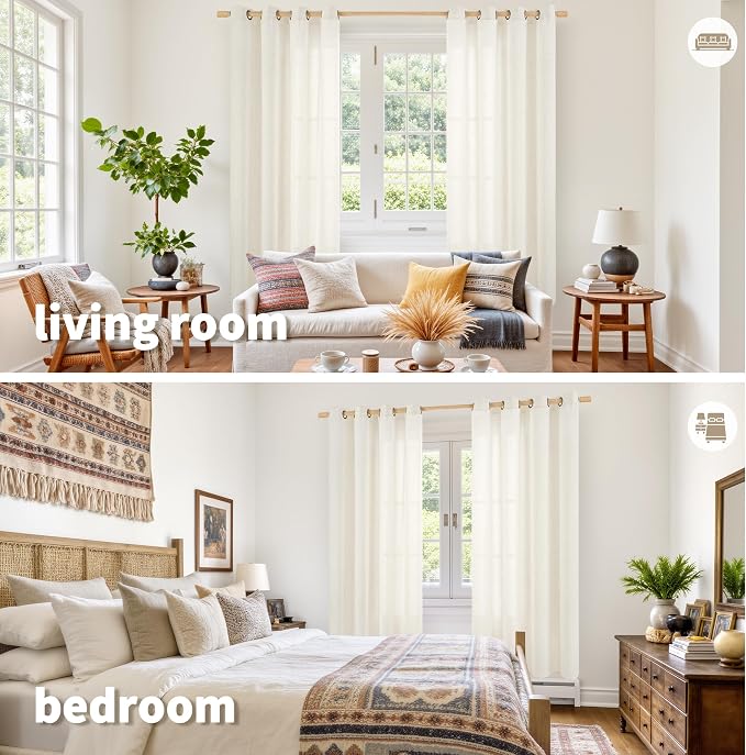 YoungsTex Ivory Linen Semi Sheer Curtains 52X68 Inch Length 2 Panels | Light - Image 2