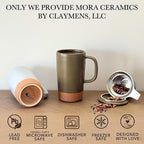 Mora Ceramics Large Tea Mug with Loose Leaf Infuser and Ceramic Lid, 18 oz, Portable, Microwave and Dishwasher Safe, Tall Coffee Cup - Rustic Matte Ceramic Glaze, Modern Herbal Tea Strainer, Olive
