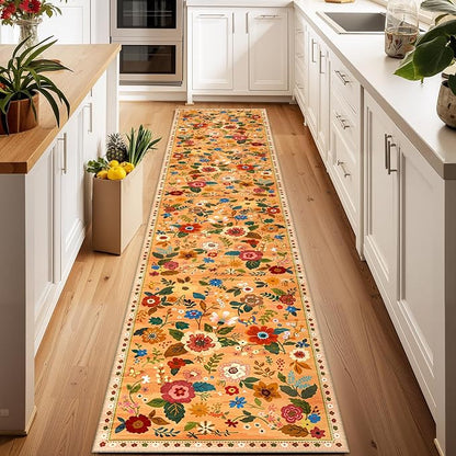 Floral Washable 2x10 Area Rugs Runner Entryway Hallway Yellow/Orange/Red | by RELEANY