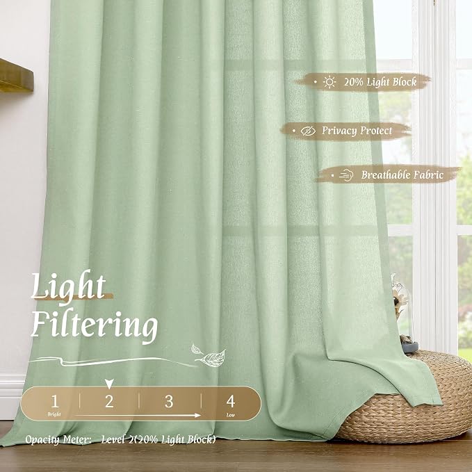 Light Green 48 Inch Length Linen Curtains - Image 4