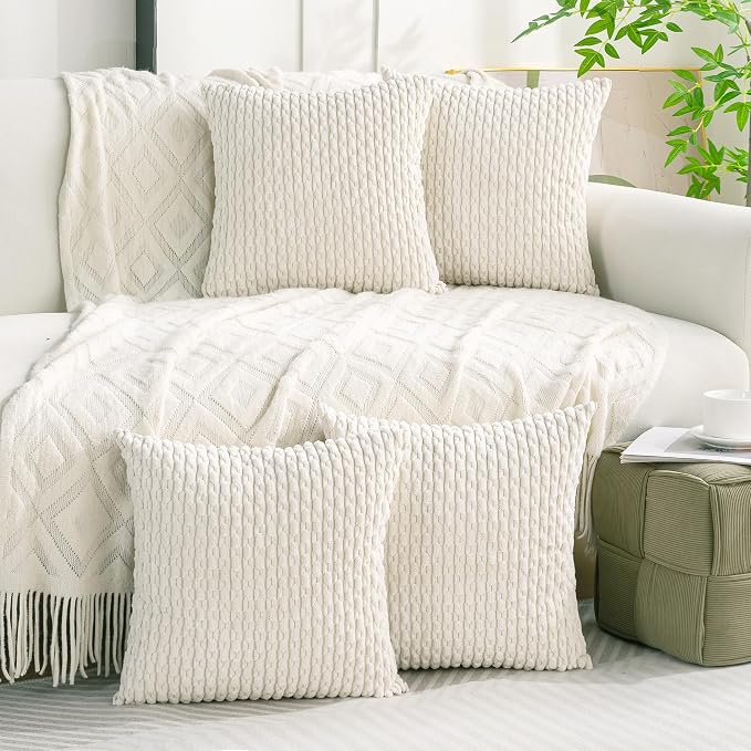 Set of 4 Cream White Decorative Throw Pillow Covers 20x20 Inch Corduroy Pillow - Image 9