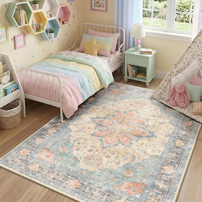 RELEANY Washable Area Rug, Water Repellent, Pet Friendly, Vintage Floral Boho - Image 3