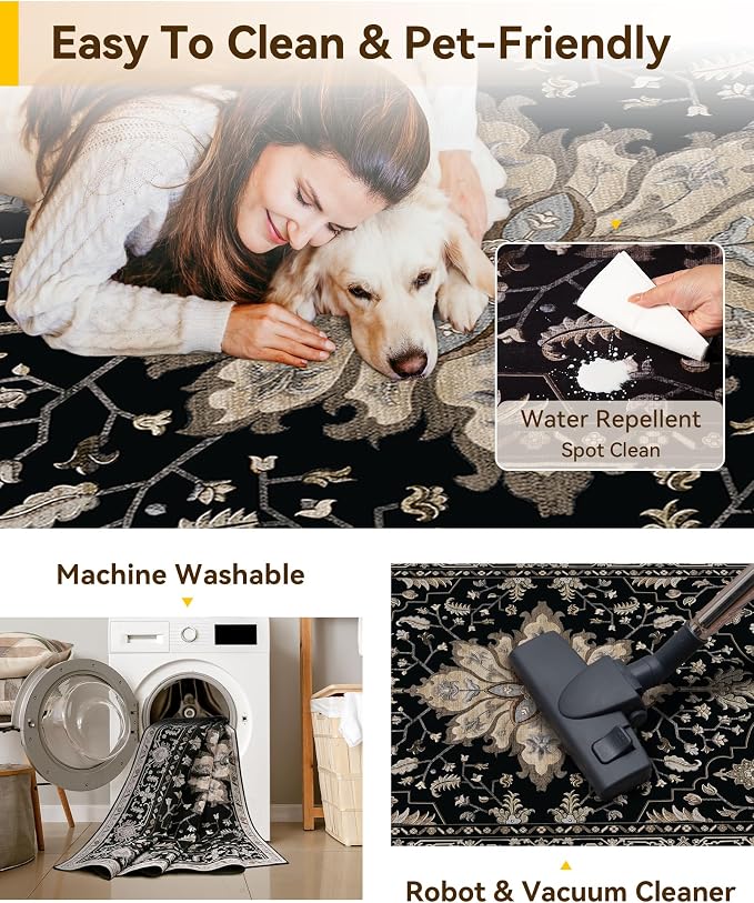 RELEANY Washable Area Rug, Water Repellent, Pet Friendly, Vintage Floral Boho - Image 5