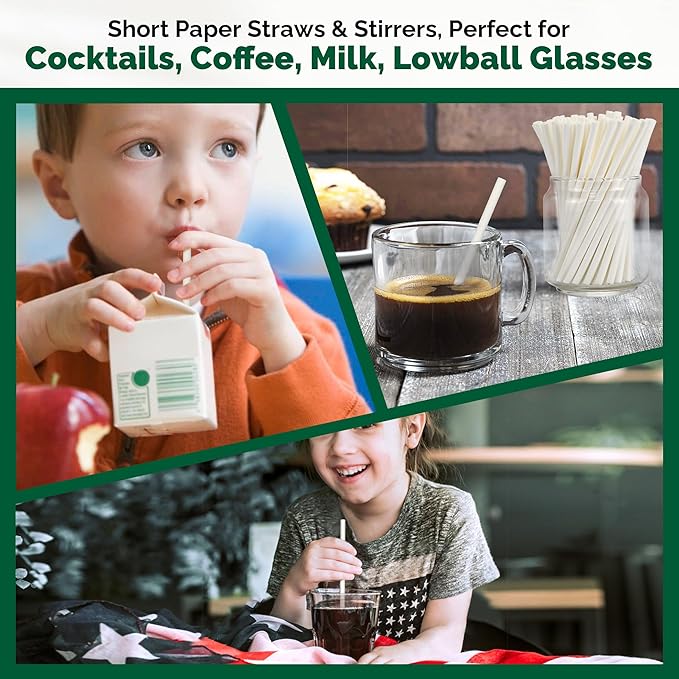 [400 Pack] Compostable Short Paper Straws Individually Wrapped, 5.75" x 0.24", Dye-free White - Great for Kids, Milk Cartons, Cocktail & Coffee