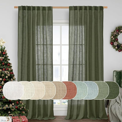 Linen Semi Sheer Curtains 96 inches Long 2 Panels Set, Olive Green | Light by LAMIT