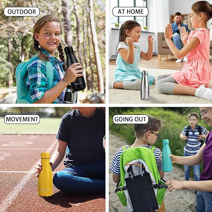 Insulated Water Bottle, 2 Pack-9oz Stainless Steel Water Bottles with straw lid, Metal Sports Water Bottles for Boys,Girls, Double Wall Vacuum BPA-Free Flask for School, Sports & Travel (Silver)