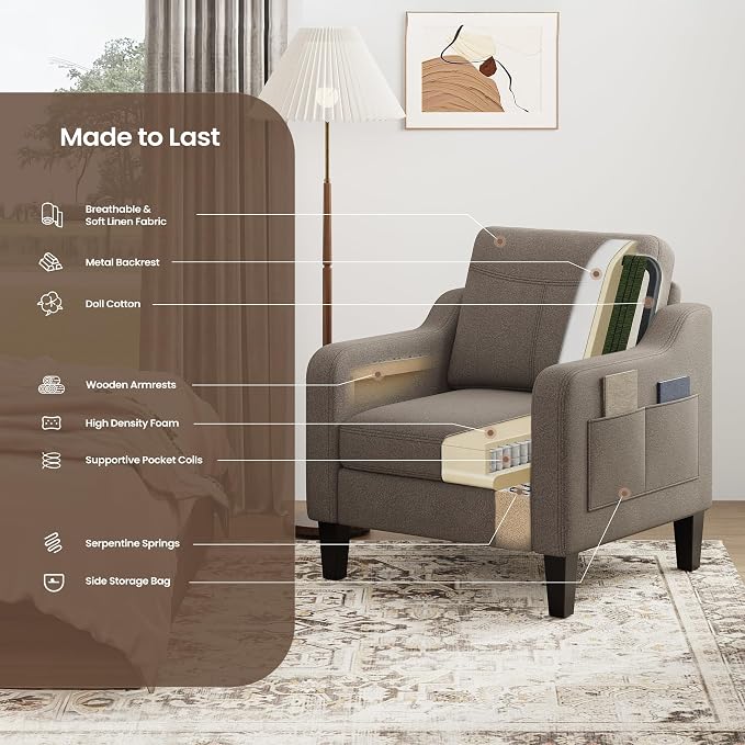 Accent Chair for Living Room Modern Linen Upholstered Armchair Side Wooden - Image 8