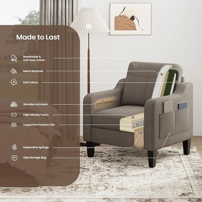 Accent Chair for Living Room Modern Linen Upholstered Armchair Side Wooden - Image 8