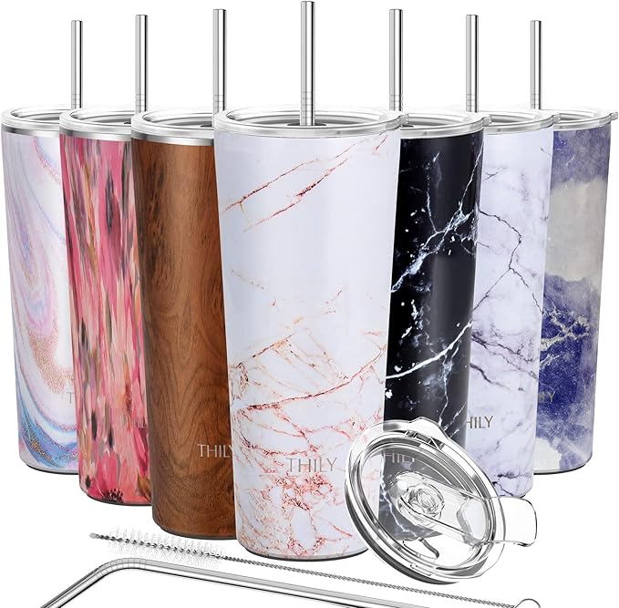 THILY Stainless Steel Vacuum Insulated Tumbler Travel Mug 26 oz Coffee Cup with 2 Lids and Straws, Splash Proof, Keep Ice Drinks Cold, Gold Marble