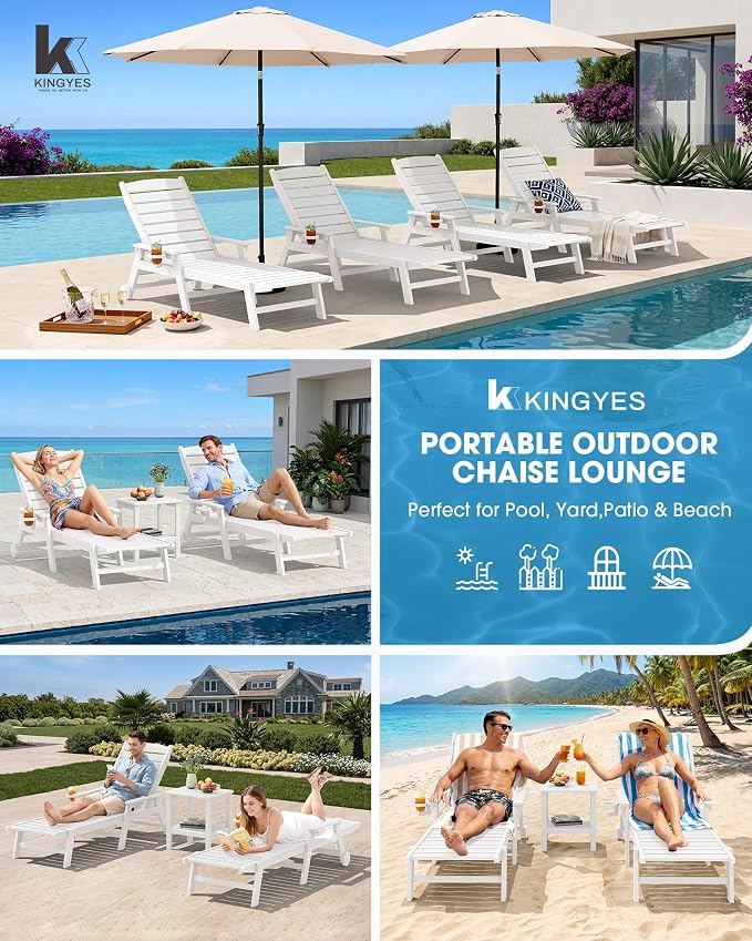 KINGYES HDPE Lounge Chair Outdoor Set of 2, Patio Chaise Lounge Recliner - Image 8