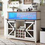 OKD Farmhouse Coffee Bar Cabinet with LED Lights, 55" Wine Bar Cabinet w/Sliding Barn Door & Wine and Glass Rack, Kitchen Buffet Cabinet w/Storage Shelves for Dining Room,Antique White