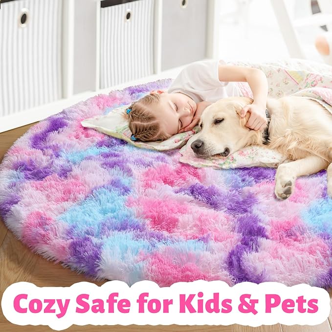 Amdrebio Pink Blue Purple Fluffy Large Round Rug 6Ft - Image 2