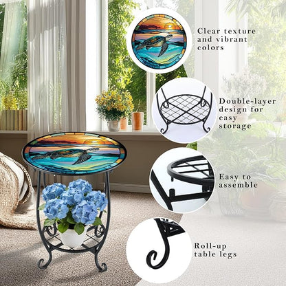Cinnvoice Outdoor Side Table Round Small Mosaic Patio Accent Indoor End Plant - Image 4