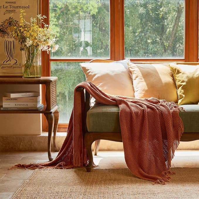 lifein Throw Blanket for Couch, Soft Boho Decor Bed Throw, Cozy Burnt Orange - Image 2