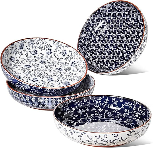 LE TAUCI Pasta Bowl 32 oz, Salad Bowl Serving Plate Bowls, Housewarming Wedding Present, Japanese-Style Ceramic Bowls for Pasta, Fruits, Salad, Noodle, Dinner - 8.2 Inch, Set of 4, Vintage Blue