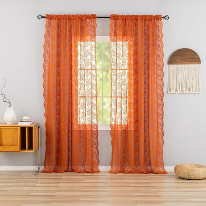 YJ YANJUN Vintage Lace Curtains 90 Inches Long-Rustic Floral Burnt Orange Sheer - Image 3