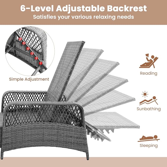 COSTWAY PE Rattan Chaise Lounge Chair, 6 Gear Adjustable Recliner - Image 4