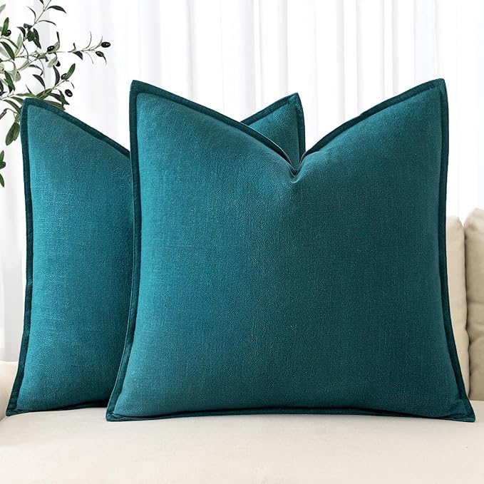 MIULEE Decorative Linen Pillow Covers 20x20 Inch Teal Blue | Boho Farmhouse​ by MIULEE