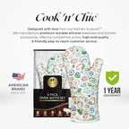 Premium Green Oven Mitts - Stylish and Heat-Resistant - Non-Slip Platinum Silicone Grip - Long and Thick - 100% Natural Cotton Exterior and Soft Terry Cloth Lining - Set of 2 by Cook'n'Chic
