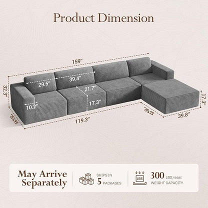 Vesgantti 159" Large Modular Sectional Sofa, L-Shaped Corduroy Cloud Couch - Image 2