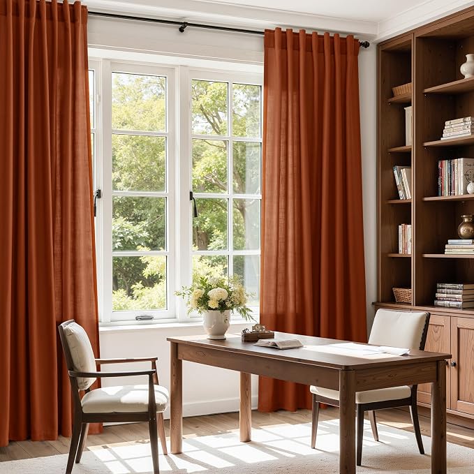 Terracotta Long Linen Curtains 102 Inches Long 2 Panel Set Back Tab Boho Rustic - Image 8