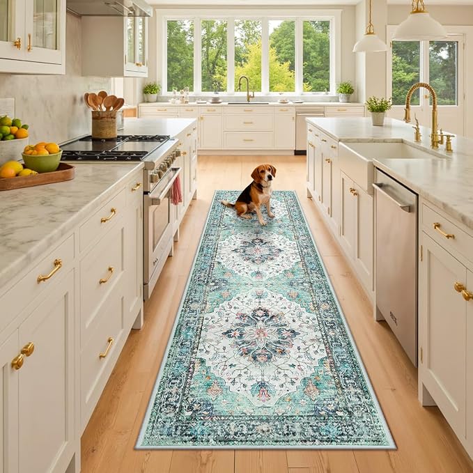 RELEANY Washable Area Rug, Runner 2'6"x8', Teal Green/White/Navy | Non-Slip by RELEANY