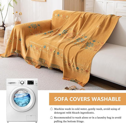 DREAMINGO Orange Boho Sofa Cover Chenille Couch Cover Blanket Vintage Bohemian - Image 6