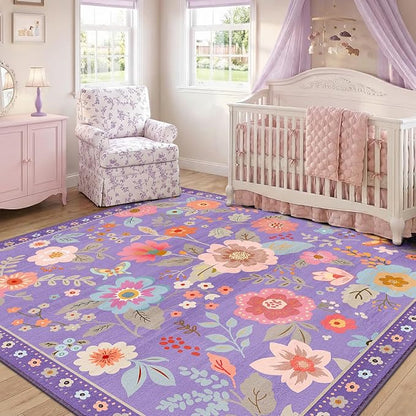 RELEANY Floral Washable Square 8ft Area Rug Purple/Pink | Flower Carpet Print - Image 8