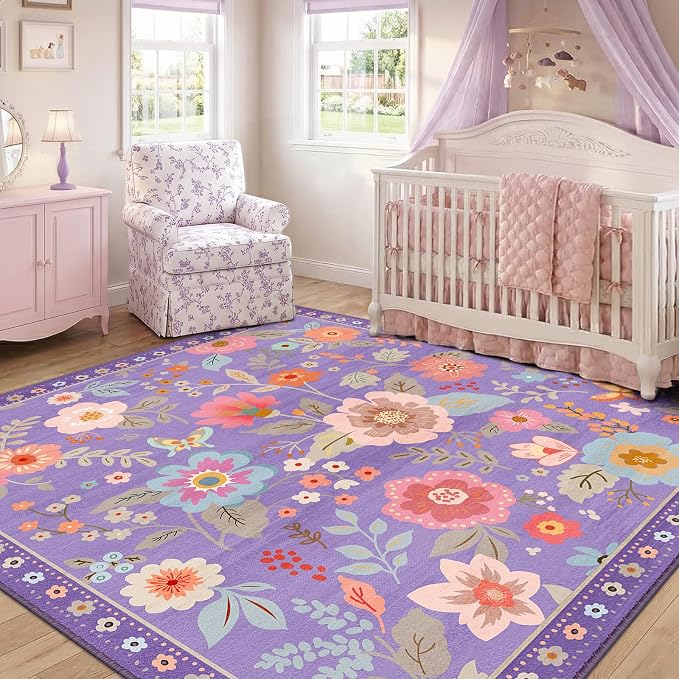 RELEANY Floral Washable Square 6ft Area Rug Purple/Pink | Flower Carpet Print - Image 8