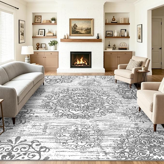 HEBE Area Rug for Living Room 9'x12', Washable Non Slip Boho Bedroom Rug | - Image 7