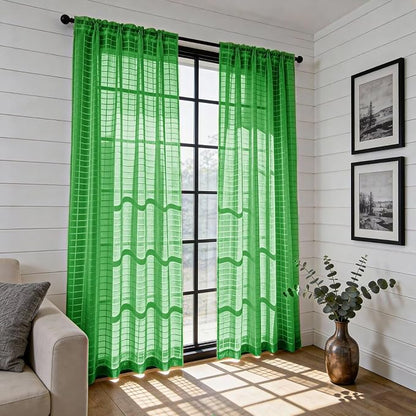 SpaceDresser Check Sheer Curtains 90 Inches 2 Panels Set, Rod Pocket Plaid - Image 4