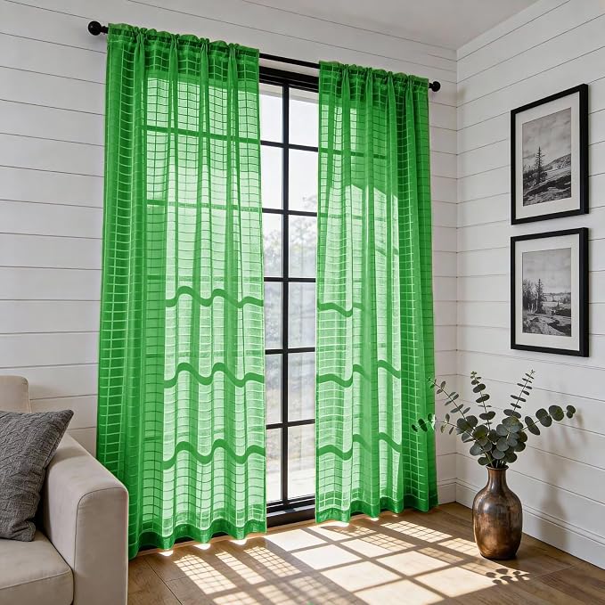 SpaceDresser Check Sheer Curtains 108 Inches 2 Panels Set, Rod Pocket Plaid - Image 4