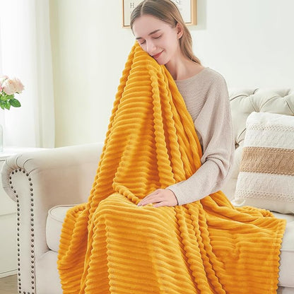 BEDELITE Ribbed Mustard Yellow Fleece Throw Blanket - Image 4
