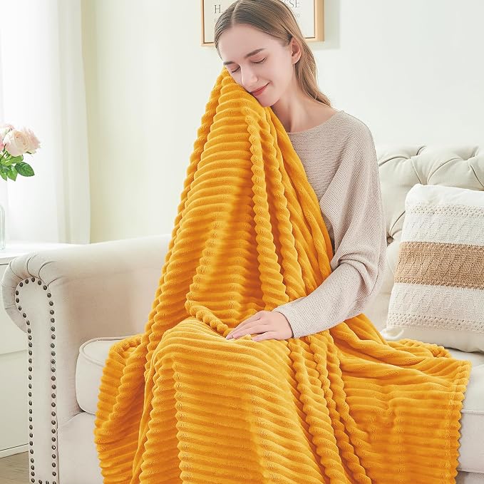 BEDELITE Ribbed Jacquard Mustard Yellow Queen Blanket - Image 3