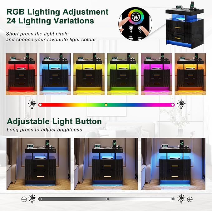 Nightstand with Wireless Charging Station, Smart Night Stand with 2 Drawers - Image 4