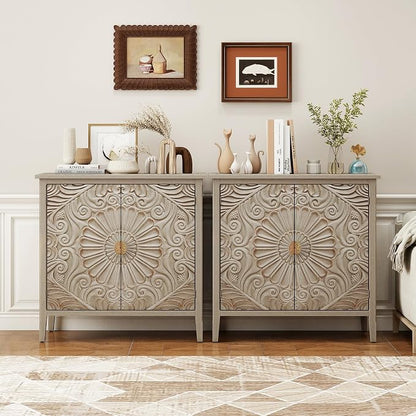 Carved Buffet Cabinet with Floral Pattern & Gold Handle, 31.5" W Distressed by LFGUIZO