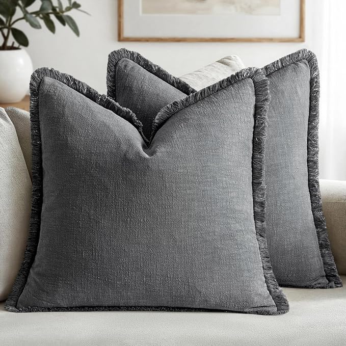 MIULEE Boho Linen Fringe Decorative Throw Pillow Covers Grey 20x20 | Set of 2 by MIULEE